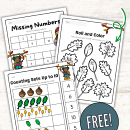 sample screenshot pages of autumn themed math printables for preschool