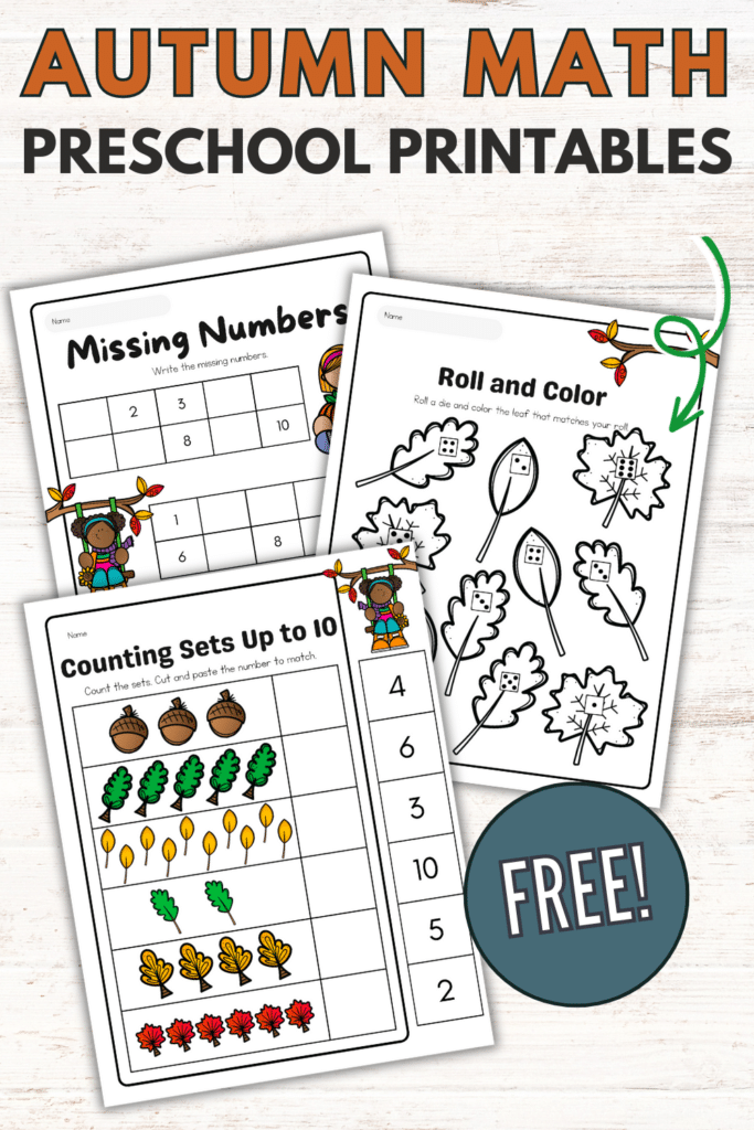 sample screenshot pages of autumn themed math printables for preschool