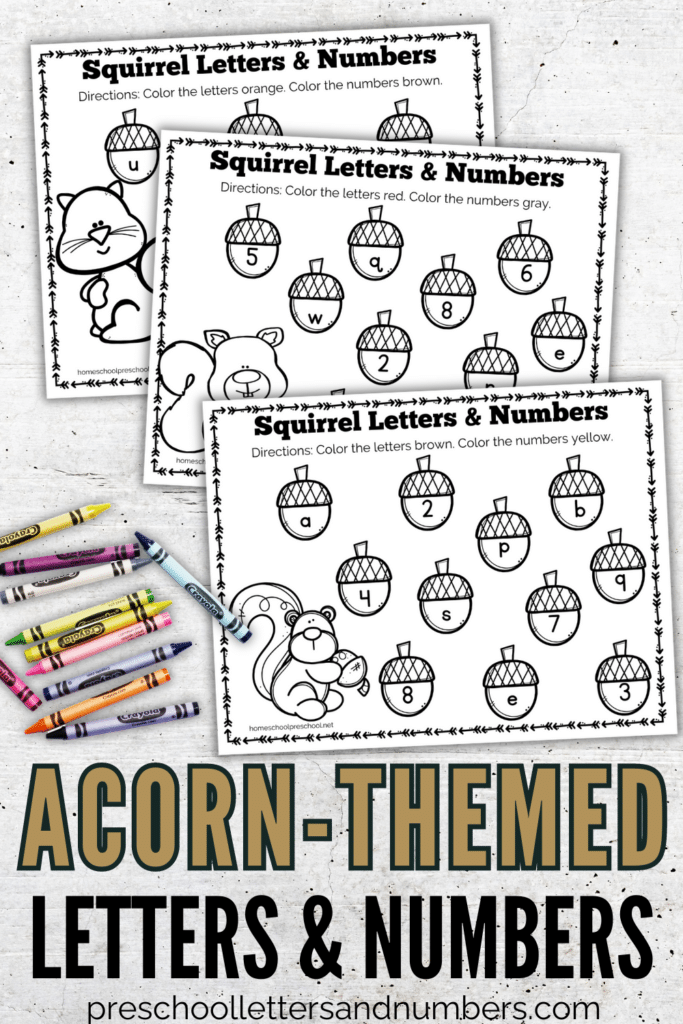 sample page screenshots from the acorn themed letters and numbers pack