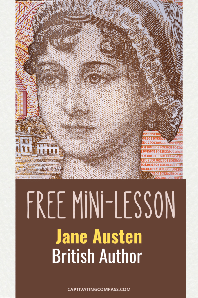 sepia toned drawn image of Jane Austen with overlay "Free Mini-Lesson Jane Austen"