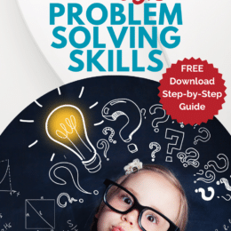 child with drawn chalkboard behind and question marks drawn in "white chalk" with a lightbulb above the head and overlay "Strategic Problem Solving Skills"