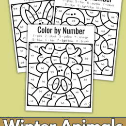 three sample screenshot pages of winter themed color by number worksheets