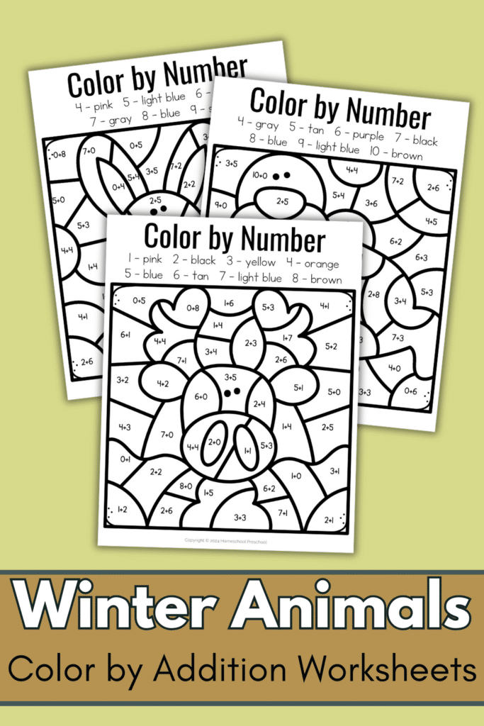 three sample screenshot pages of winter themed color by number worksheets