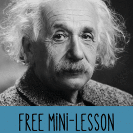 black and white photo of Albert Einstein with overlaid text "FREE Mini-Lesson Albert Einsten and Pi Day (3.14)"