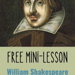 old sketch-like image of William Shakespeare with overlaid text "Free Mini Lesson"