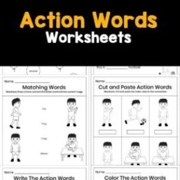 collage of sample pages from the action words worksheets