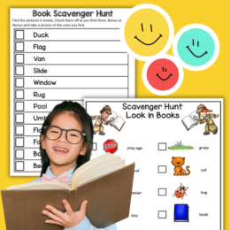 young girl holding an open book overlaid on screenshot images of book themed scavenger hunts