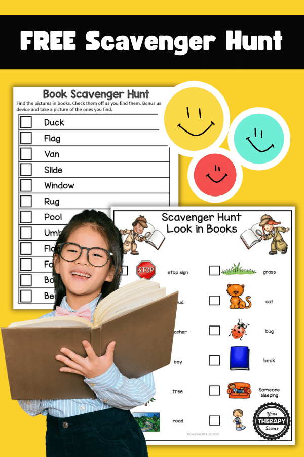 young girl holding an open book overlaid on screenshot images of book themed scavenger hunts