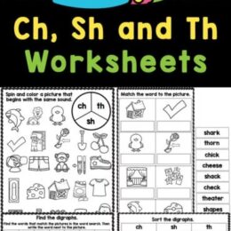 a collage of sample screenshot images of Consonant Digraphs Ch, Sh and Th Worksheets