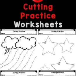 sample digital screenshot images of cutting practice worksheets with dotted lines in various shapes