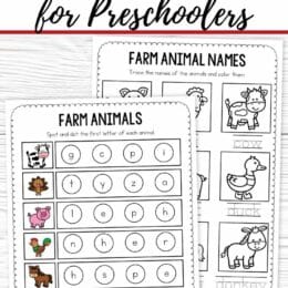 screenshot sample pages from the Farm Worksheets for Preschoolers printable pack