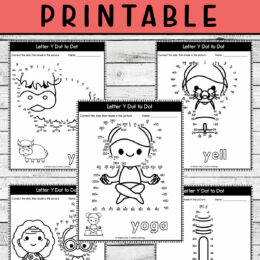 five screenshot pages showing sample dot-to-dot printables of images starting with the letter Y
