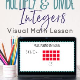 laptop image with overlaid text "Free Multiply & Divide Integers Visual Math Lesson" on wooden desktop