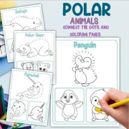 sample digital pages of ploar animals with dot to dot and coloring options