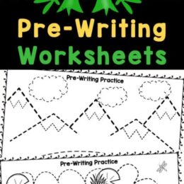 sample screenshot images of prewriting practice worksheets with cute green frog clipart overlay