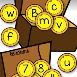 clipart images of two pirate treasure chests and gold coin images with letters and numbers for matching