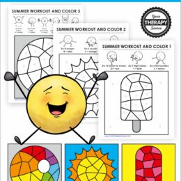 screenshot images from the summer color by number pages with a jumping and smiling emoji clipart overlay