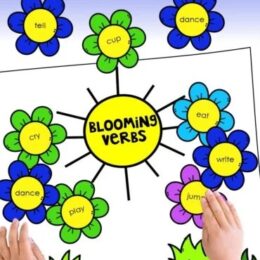 child playing with printable blooming action verbs craft