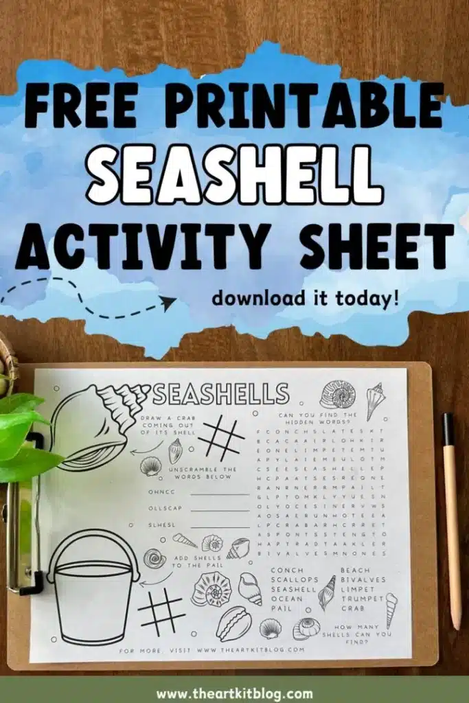 view of printed seashell activity sheet on a clipboard
