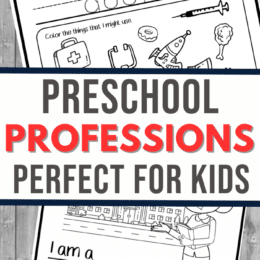 two sample images of printable pages showing professions with colorable items and tracing practice
