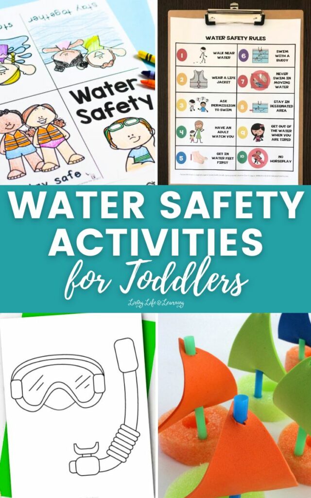 sample images showing water safety printables and activities for toddlers