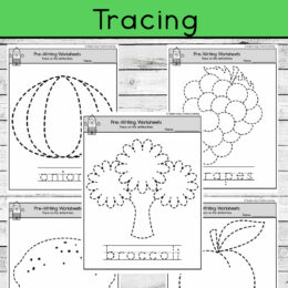 five sample screenshot pages of tracing fruits and vegetables