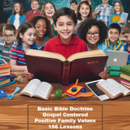 top portion has wording "A FREE BIBLE CURRICULUM" with a boy holding a book and children surrounding him