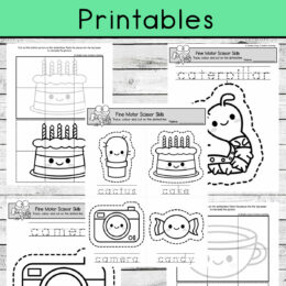 sample screenshot pages with letter c images and dashed lines for cutting practice