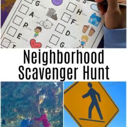 top image of the printable neighborhood scavenger hunt, bottom is sectioned in half with one side showing kids around a tree and the other a street sign of a man walking across the road