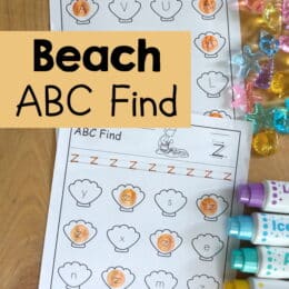 two sample pages of ABC finds with a beach theme and dot markers off on the side