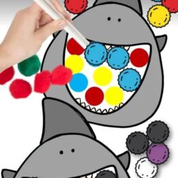 screenshot images of sharks with overlaid child hand sorting colored pom poms