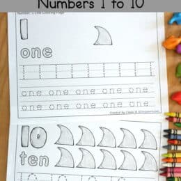 two sample pages from the Shark Number Color & Trace printable set