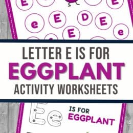 two digital images of letter Ee eggplant themed activity worksheets