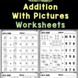 6 sample pages from the addtion with pictures worksheets for kindergartners