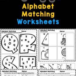 6 sample pages of alphabet matching worksheets with a colorful dump truck clipart over the top