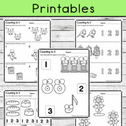 5 sample digital pages from the counting to 3 printables