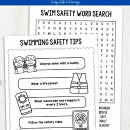 two sample pages of the swim safety worksheets