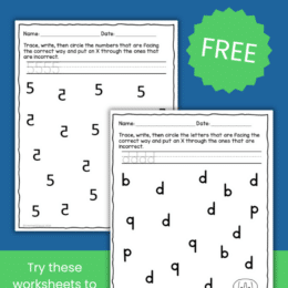 two screenshot pages showing letter reversal identification and practice