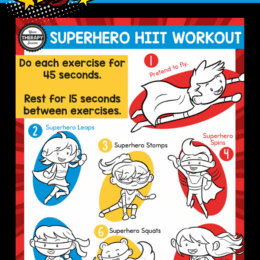 super hero images with brain break HIIT workout moves for kids