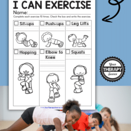 several kids showing exercise moves with a printable page of several example moves