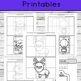 five digital sample pages showing images starting with the letter e and dotted lines to practice scissor skills