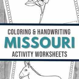 two digital images showing state symbols of Missouri state with some handwriting practice lines