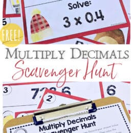 clipboard with sample images of the multiplication decimals scavenger hunt pages