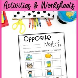 school supplies and small globe at the top of image with one digital page image showing the opposite match activity