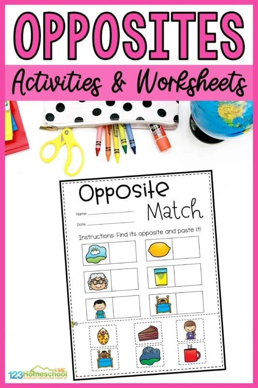 school supplies and small globe at the top of image with one digital page image showing the opposite match activity