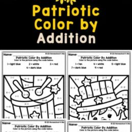 6 digital images of patriotic themed color by number addition pages