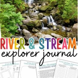 top portion shows a small rocky waterfall in the woods and the bottom portion shows 4 digital screenshot pages from the river and stream explorer journal