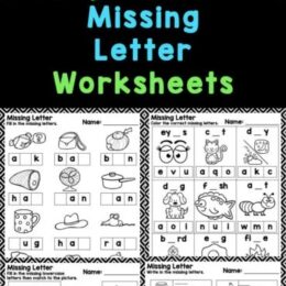 six sample images of printables from the missing letter worksheet set