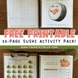 image of printed sample pages from the FREE sushi themed worksheets packet