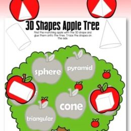 digital clipart of tree with apples and 3D shapes to match with their names